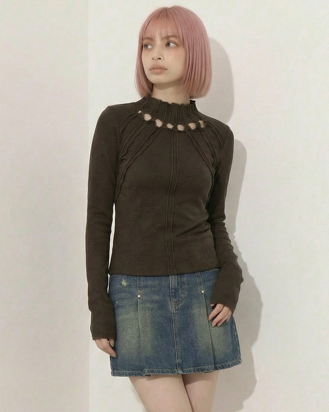 スタンドカラー くり抜きギャザー入り スリムフィット 長袖Tシャツ-ブラウン-XL