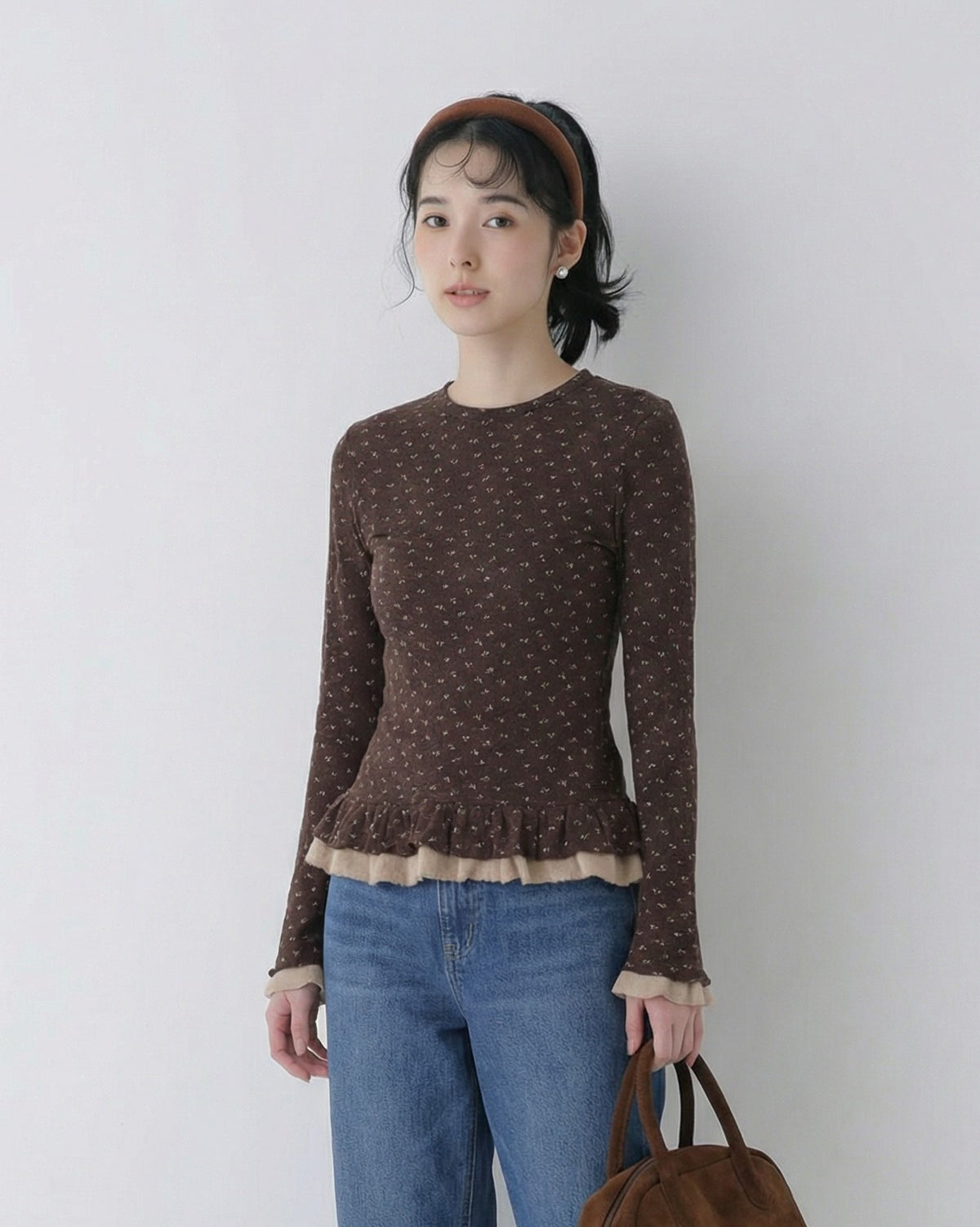 小花柄プリント フリルヘム切替 スリムフィット クルーネック 長袖Tシャツ-ダークブラウン-L