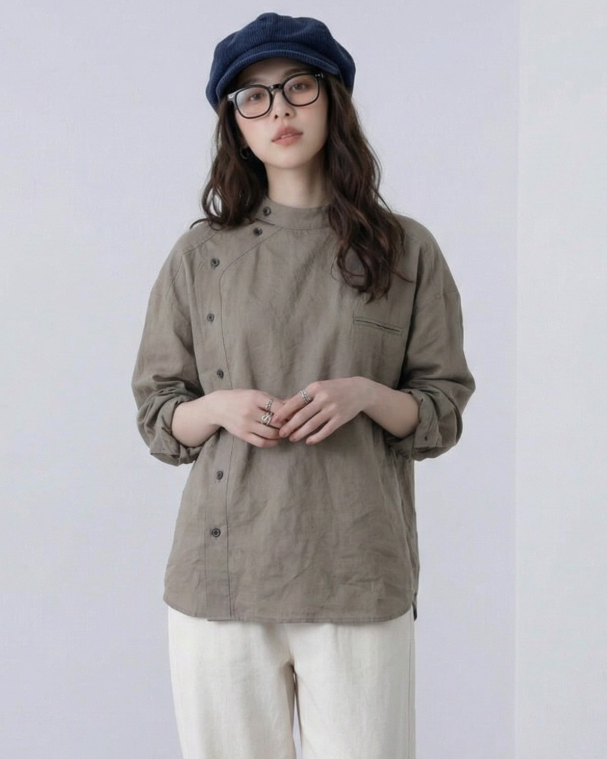 スタンドカラー 斜め前立て ルーズシルエットシャツ-グレー-2XL