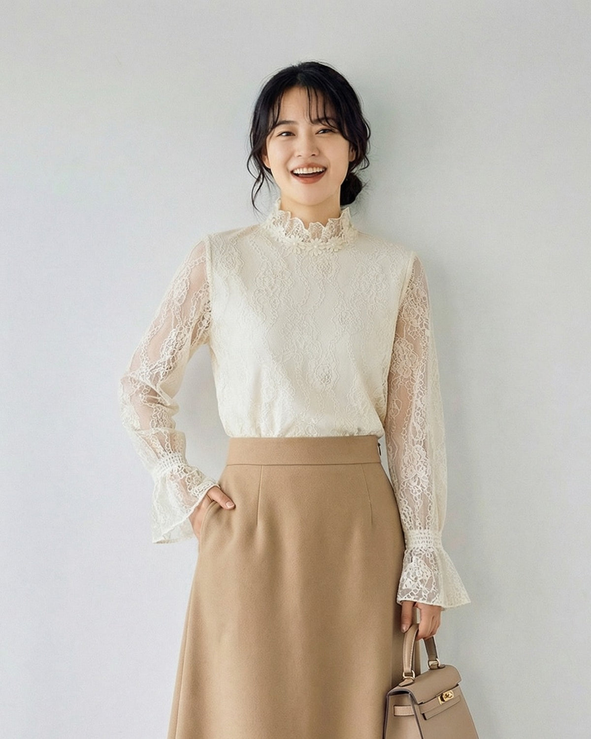 スタンドカラー フリル×フレアスリーブ レーストップス-アプリコット-2XL