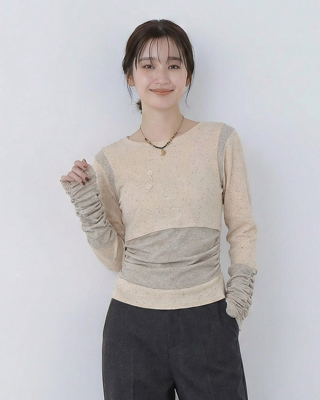 切り替えデザイン フェイクレイヤード スリムフィット 長袖Tシャツ-アプリコット-L
