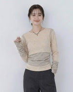 切り替えデザイン フェイクレイヤード スリムフィット 長袖Tシャツ-アプリコット-L