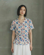 チェックプリント フリルヘム ウエストシェイプシャツ-サックス-L