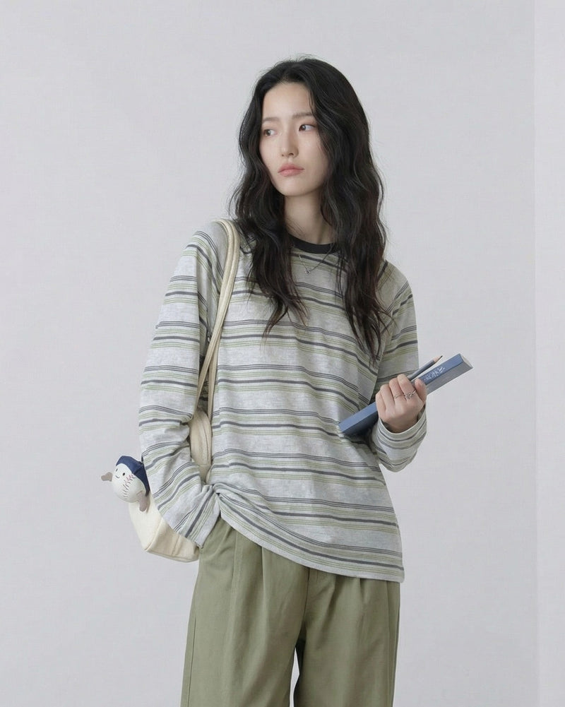 ライトグレー 細ボーダー ゆったりドロップショルダー 長袖Tシャツ-ダークグリーン ストライプ-M
