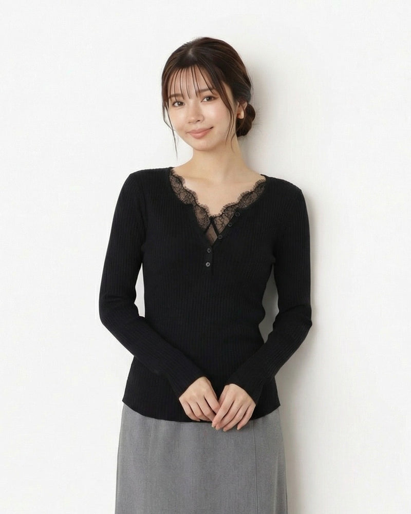 レース切替 Vネック フロントボタン スリムフィット 長袖Tシャツ