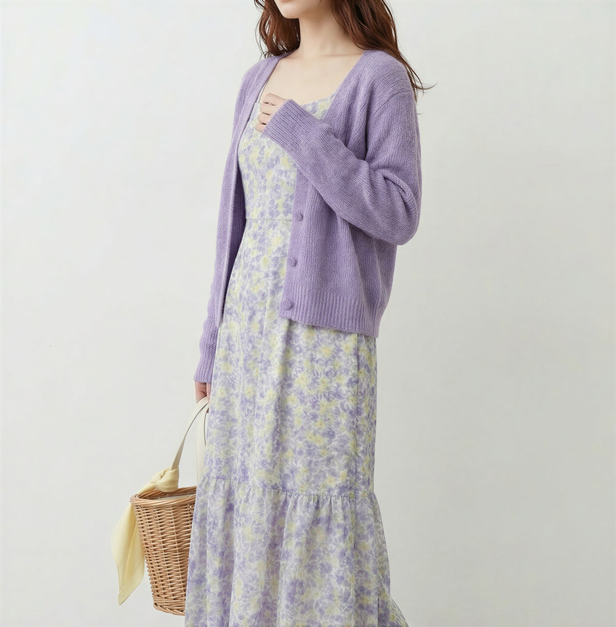 ラベンダー色 リラックスニットカーディガン×小花柄キャミワンピース 2点セット