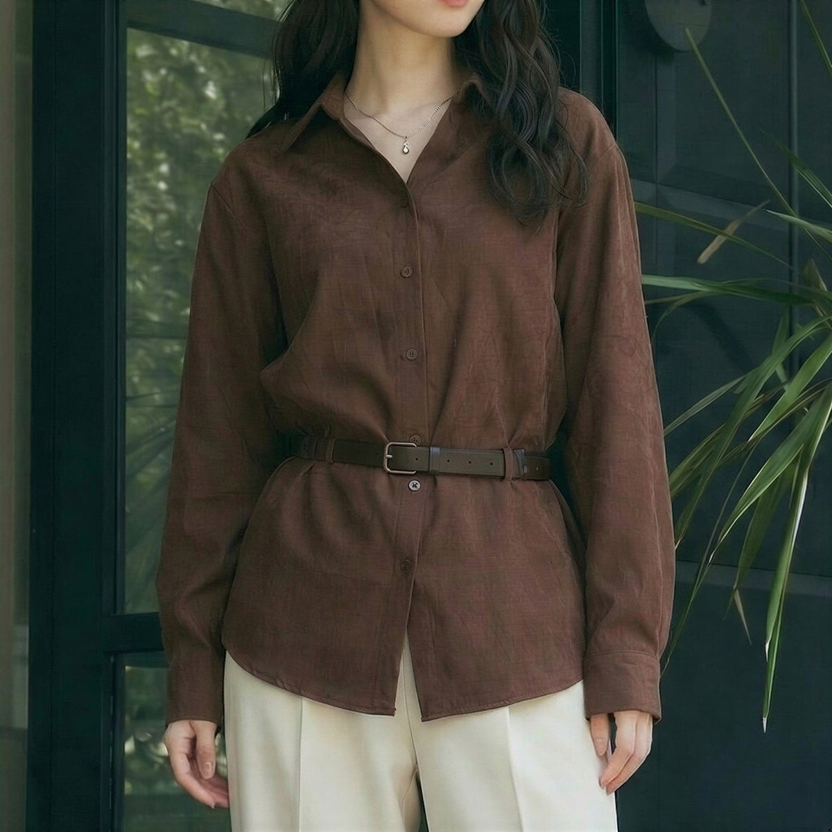襟付きVネック 前立てデザイン ミドル丈シャツ