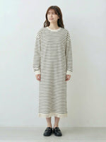 ブラック ストライプ フリンジ裾 ルーズ スウェットワンピース
