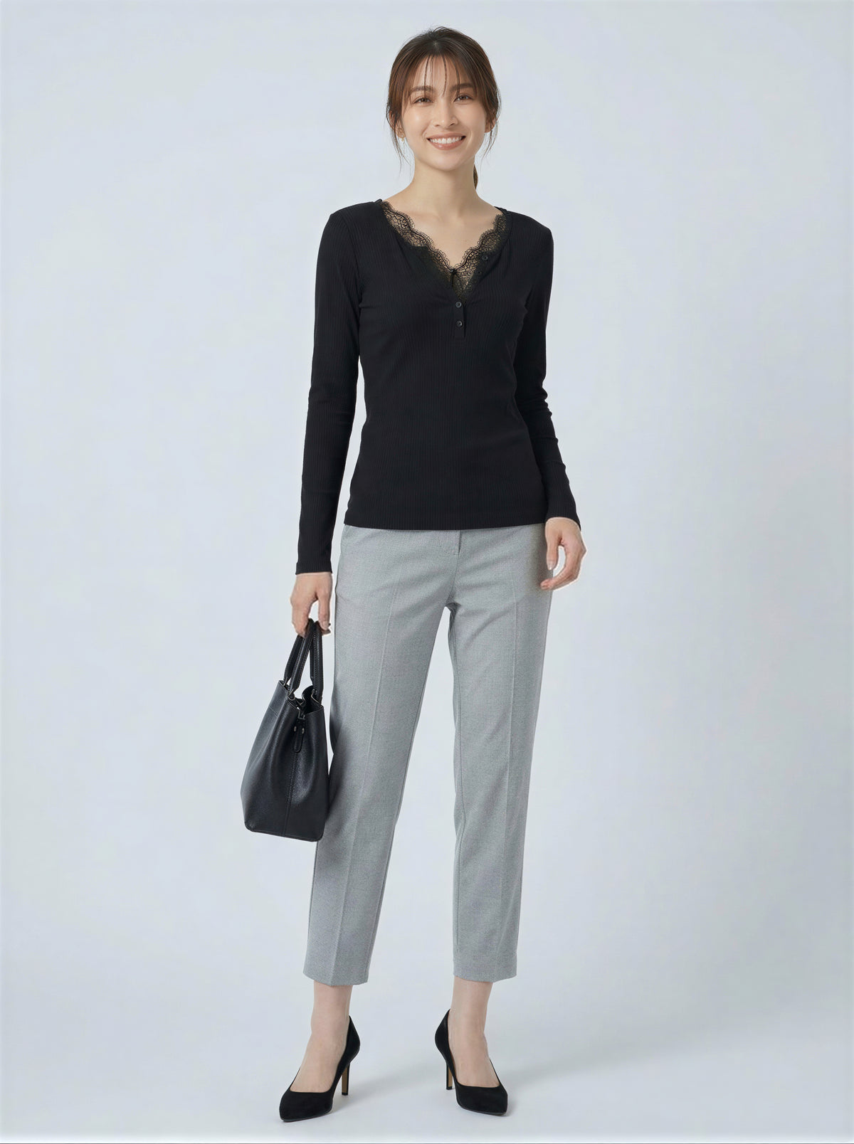 レース切替 Vネック フロントボタン スリムフィット 長袖Tシャツ