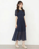 立体プリーツ×フロントボタン パフスリーブワンピース-ブルー-XL