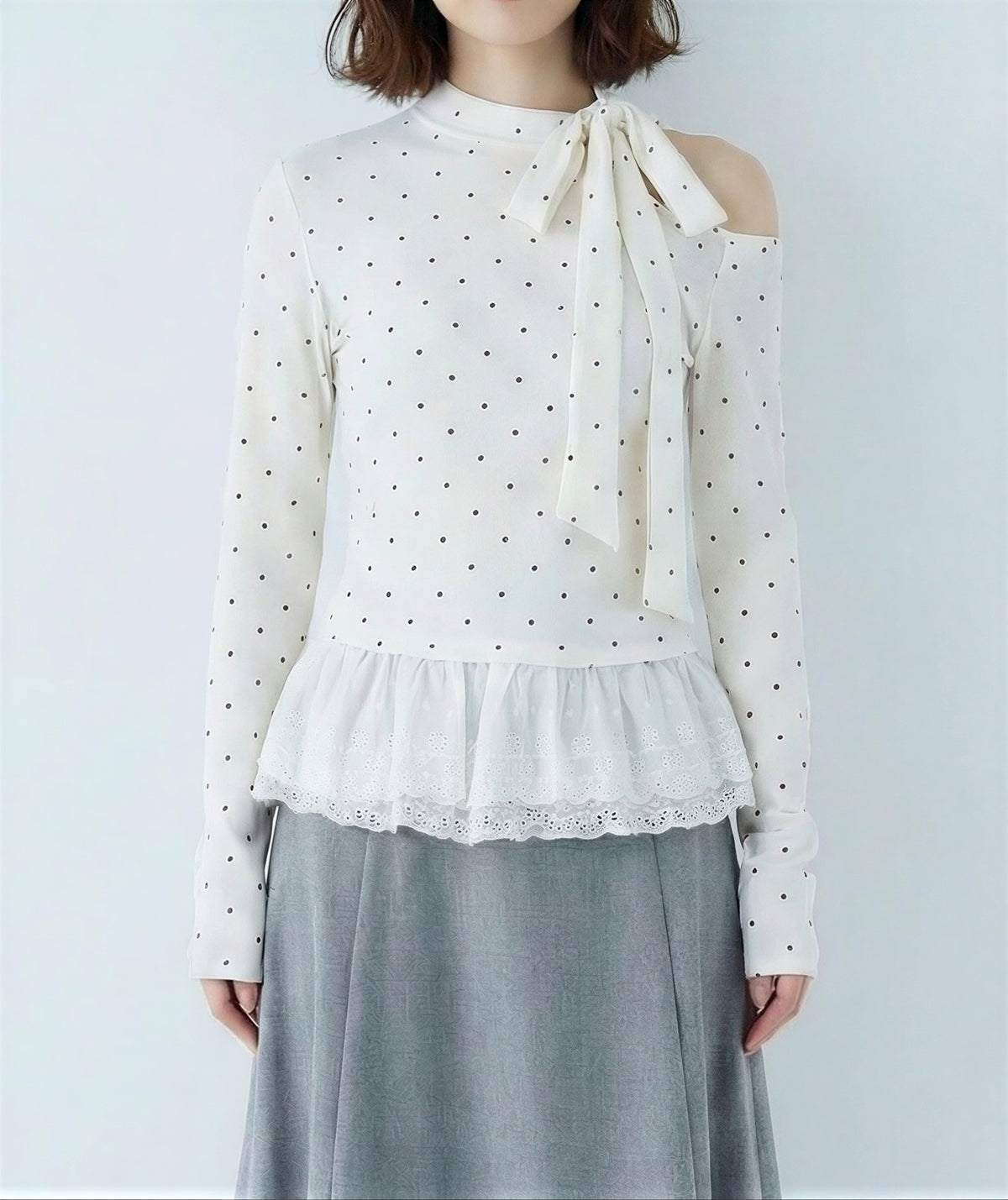 オフショルダー リボン×ドット 切り替え 長袖Tシャツ