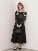 オフショルダー ビッグリボン ドット柄 スリムフィット シャツ-ブラック-XL
