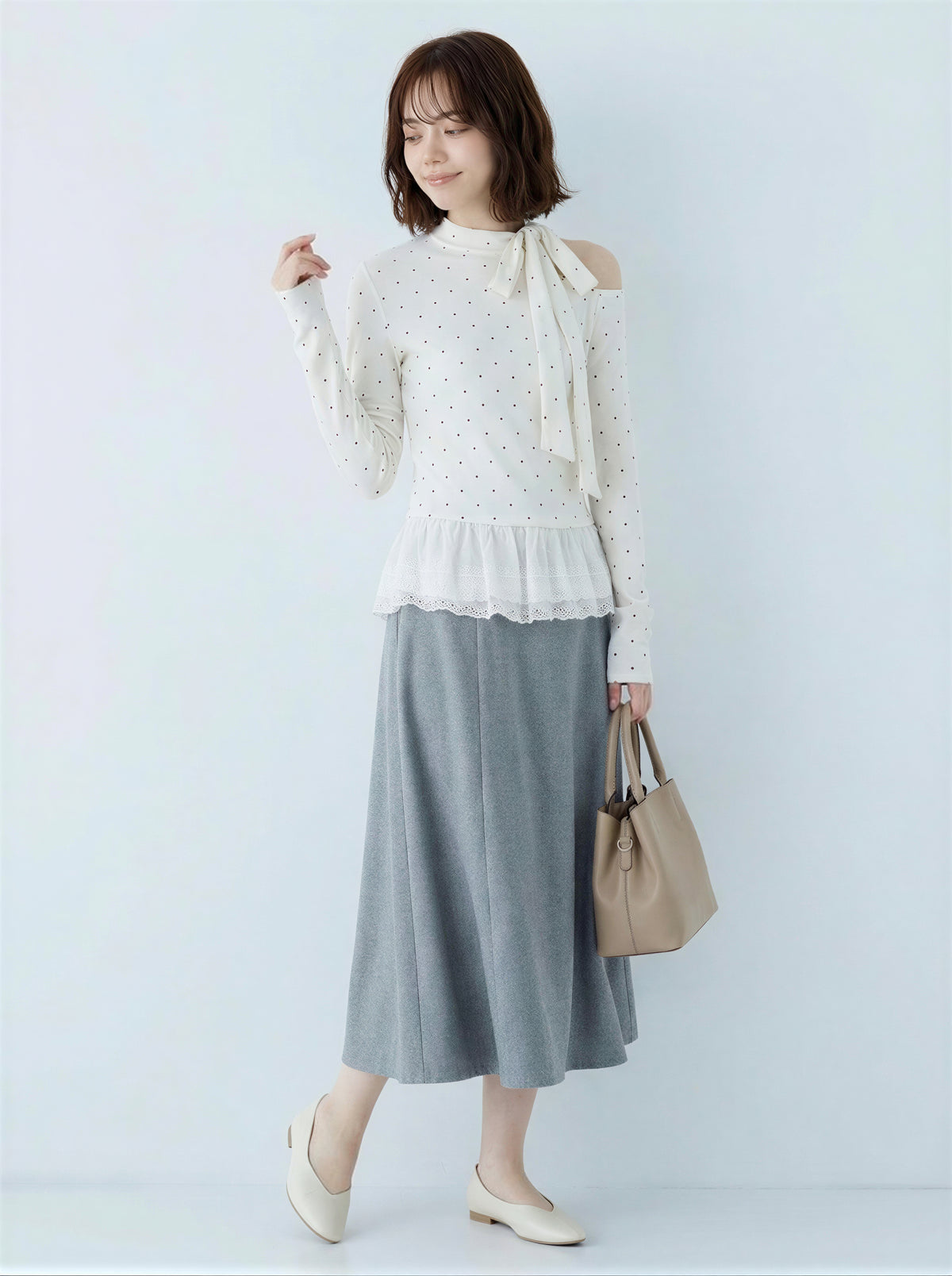 オフショルダー リボン×ドット 切り替え 長袖Tシャツ