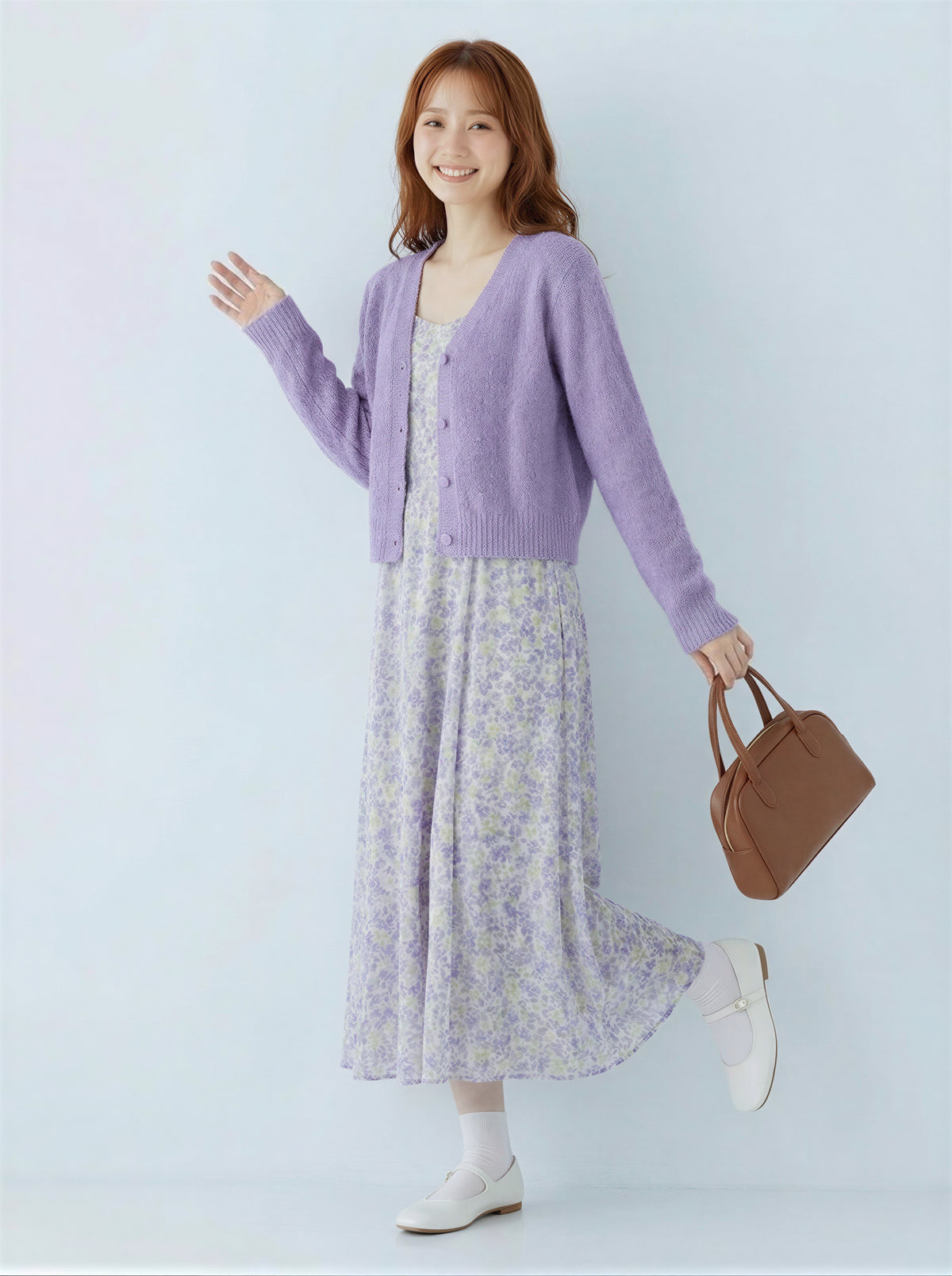 ラベンダー色 リラックスニットカーディガン×小花柄キャミワンピース 2点セット