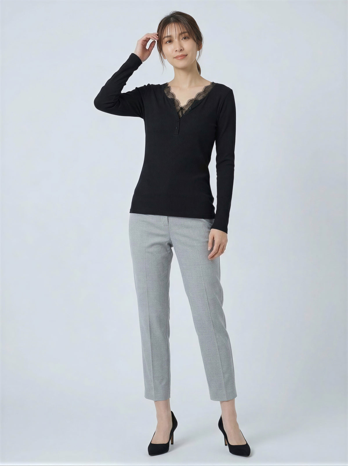 レース切替 Vネック フロントボタン スリムフィット 長袖Tシャツ