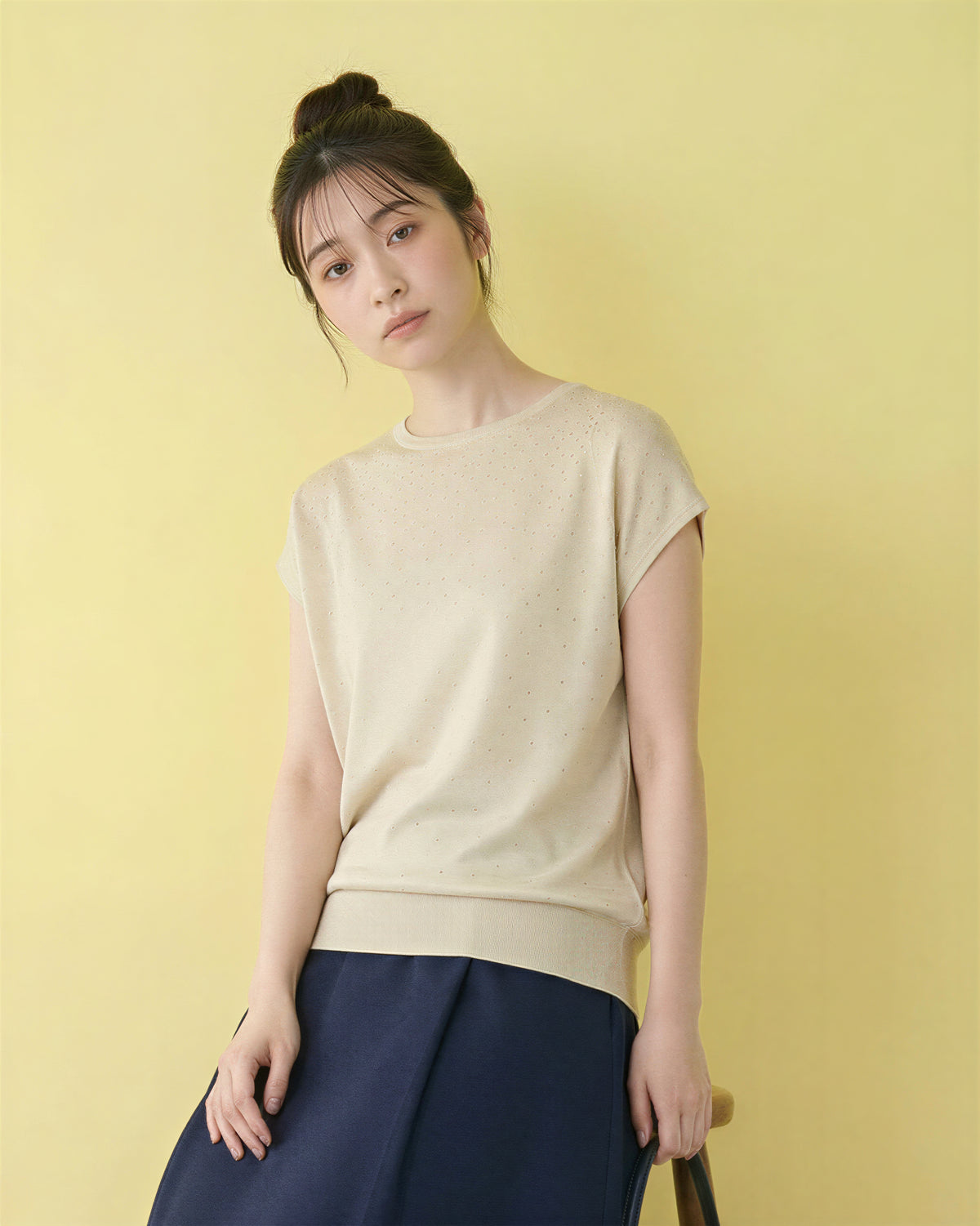 小さめラウンドネック ラメ調ジャカード ドルマンスリーブ ニット半袖Tシャツ