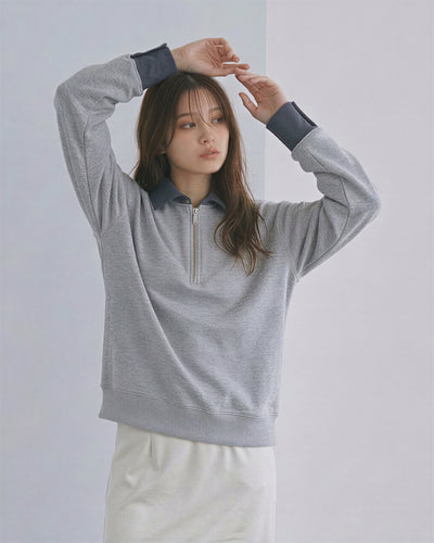 襟付き ハーフジップ レイヤード風スウェット-グレー-2XL