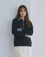 襟付き ハーフジップ レイヤード風スウェット-ブラック-2XL