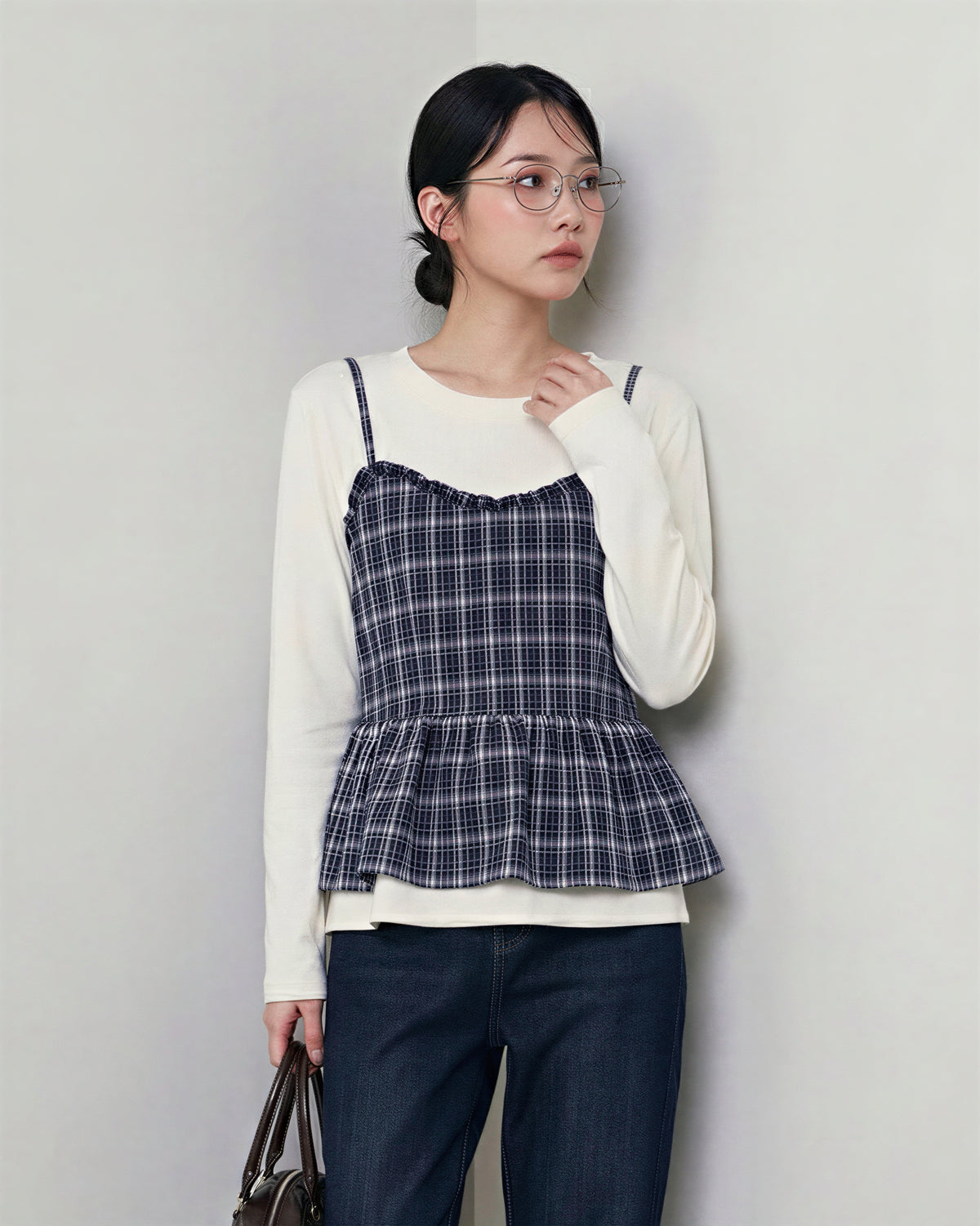 チェック柄キャミ重ね着風 フリルヘム レイヤード風 長袖Tシャツ