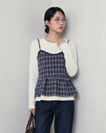 チェック柄キャミ重ね着風 フリルヘム レイヤード風 長袖Tシャツ