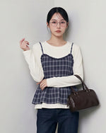 チェック柄キャミ重ね着風 フリルヘム レイヤード風 長袖Tシャツ