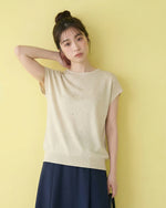 小さめラウンドネック ラメ調ジャカード ドルマンスリーブ ニット半袖Tシャツ-ベージュ-FREE