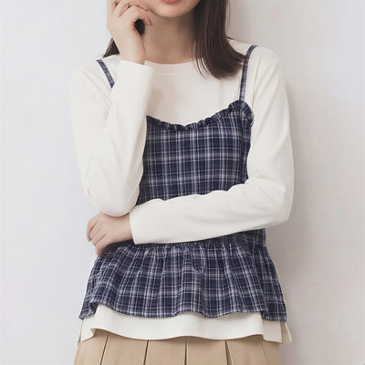 チェック柄キャミ重ね着風 フリルヘム レイヤード風 長袖Tシャツ-ネイビー X ピュアホワイト-L