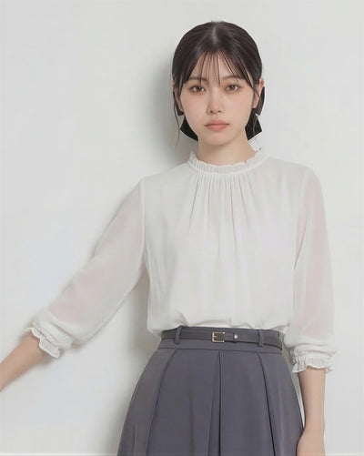 フリルスタンドカラー プリーツシフォンブラウス-ピュアホワイト-2XL