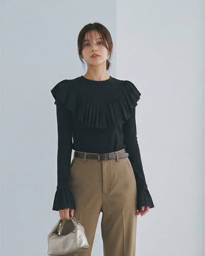 フリルデザイン パフショルダー スリムフィット 長袖Tシャツ
