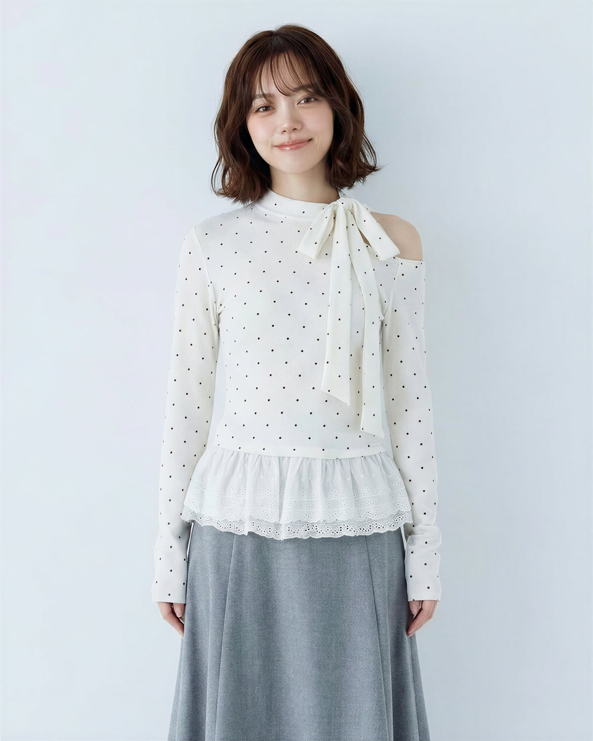 オフショルダー リボン×ドット 切り替え 長袖Tシャツ