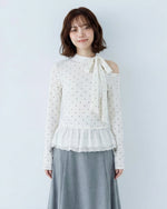 オフショルダー リボン×ドット 切り替え 長袖Tシャツ