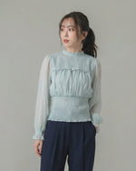 ハイネック プリーツ切替 ウエストシェイプ シフォンブラウス