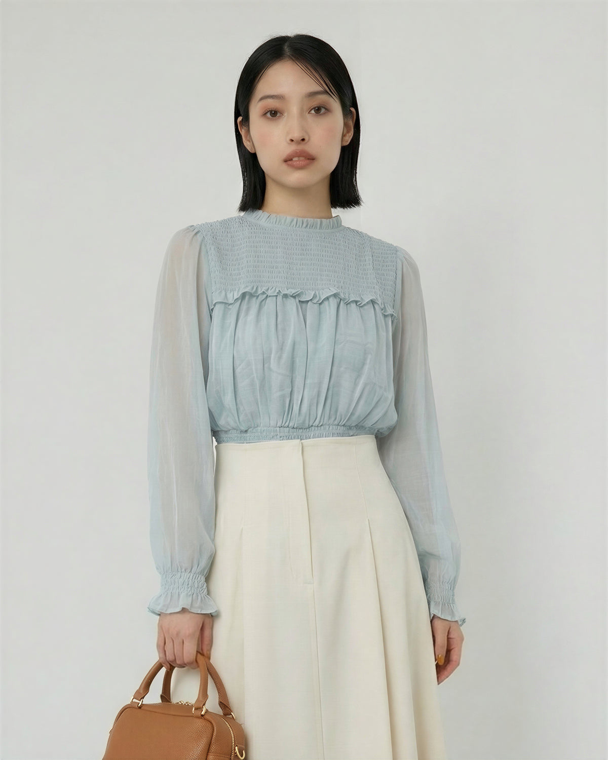 ハイネック プリーツ切替 ウエストシェイプ シフォンブラウス