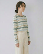 マットなボーダー柄 クルーネック 配色パイピング ゆったり長袖Tシャツ