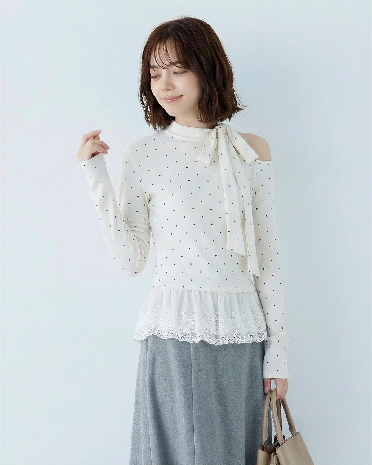 オフショルダー リボン×ドット 切り替え 長袖Tシャツ