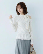 オフショルダー リボン×ドット 切り替え 長袖Tシャツ
