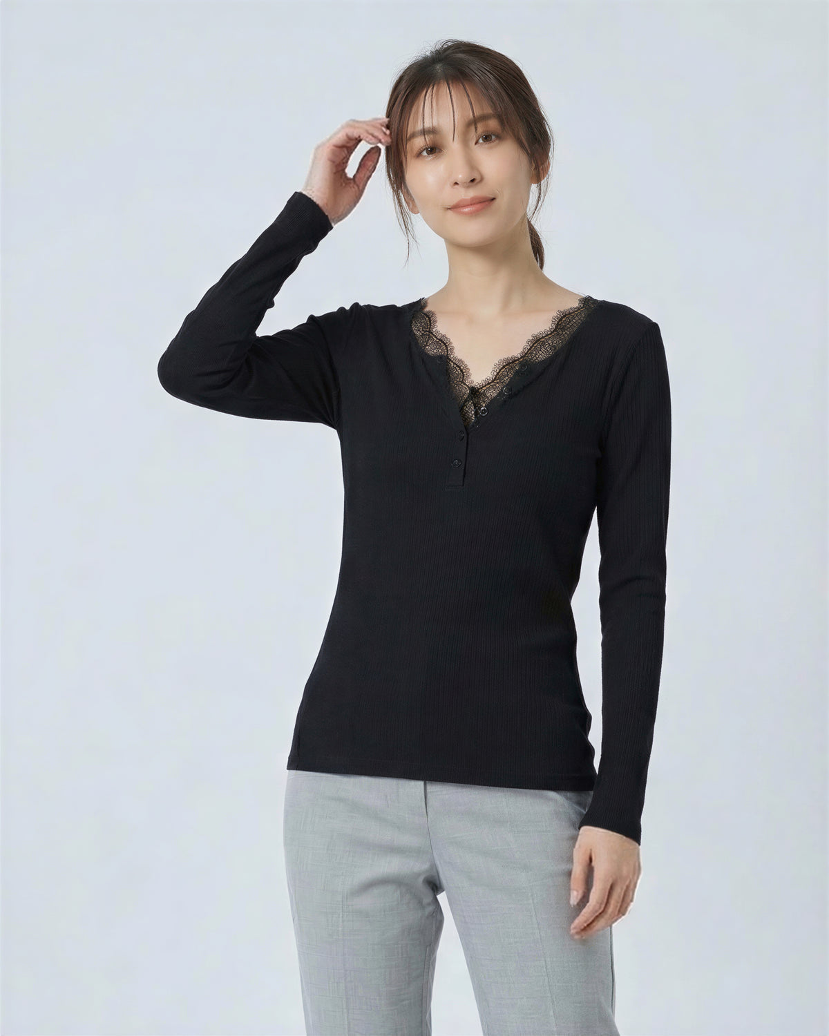 レース切替 Vネック フロントボタン スリムフィット 長袖Tシャツ