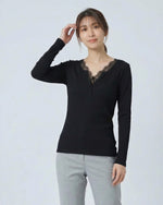 レース切替 Vネック フロントボタン スリムフィット 長袖Tシャツ
