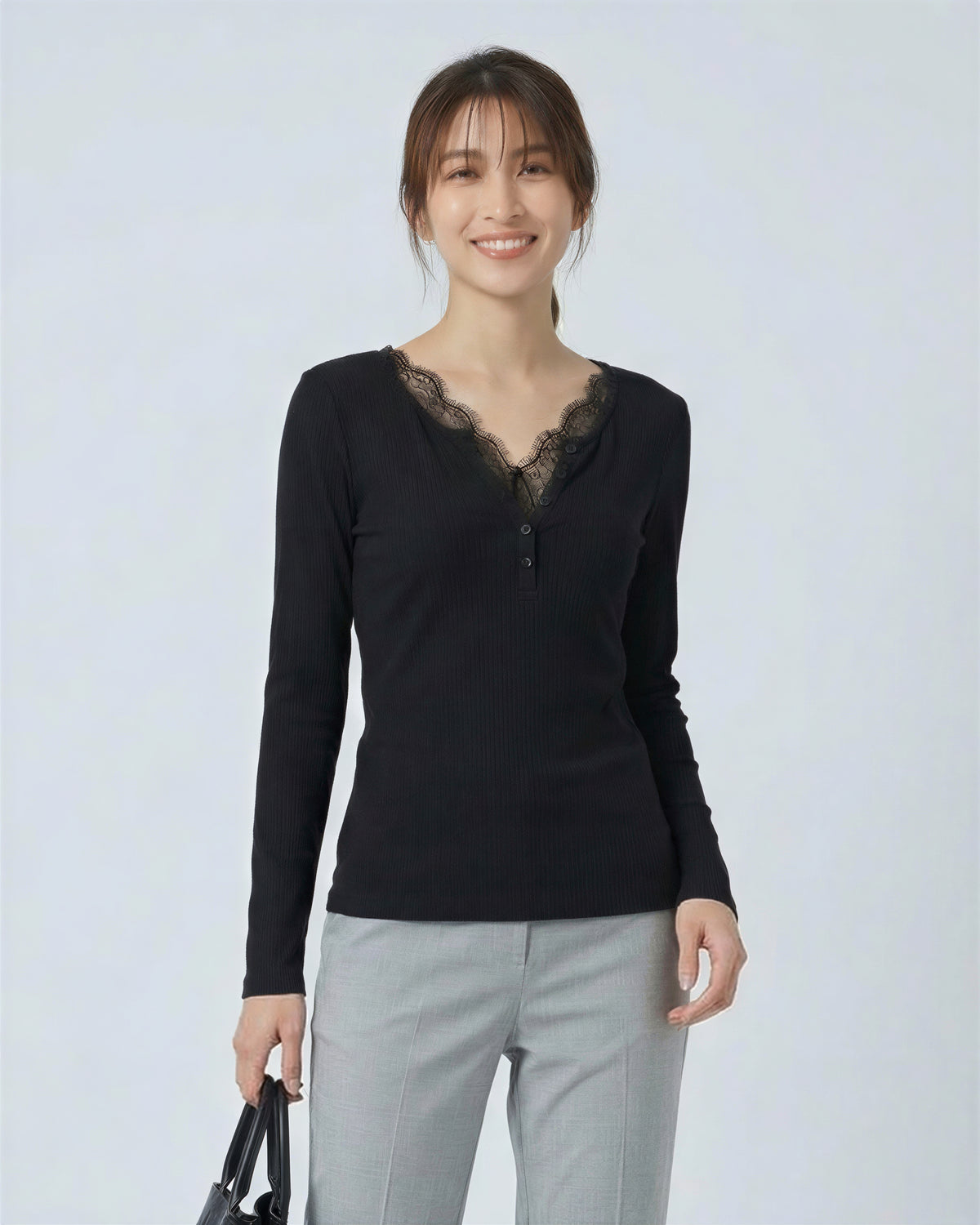 レース切替 Vネック フロントボタン スリムフィット 長袖Tシャツ