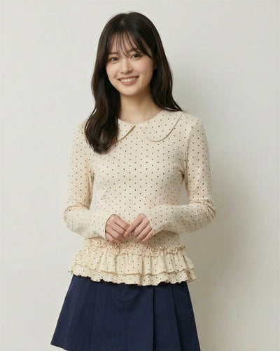 ドット柄 ビッグカラー（ピーターパン襟） フリルヘム すっきりフィット 長袖Tシャツ