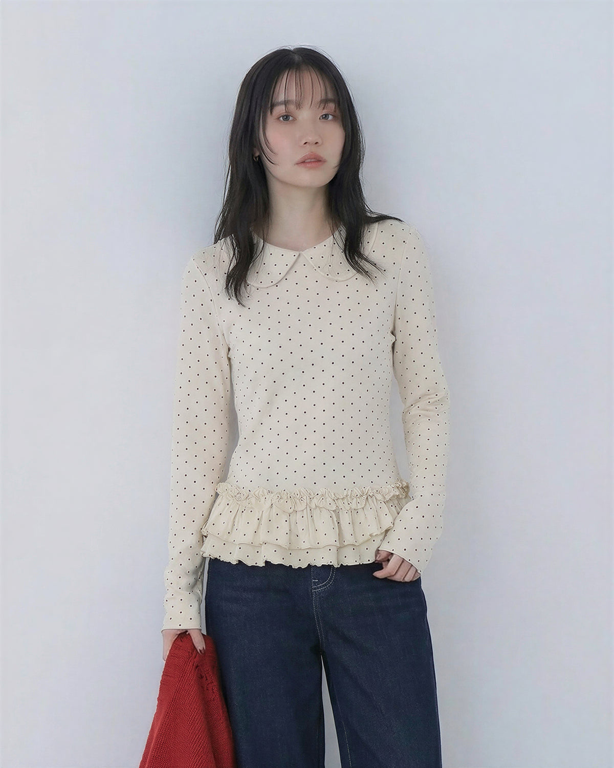 ドット柄 ビッグカラー（ピーターパン襟） フリルヘム すっきりフィット 長袖Tシャツ