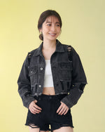 スモークグレー ヴィンテージ加工 ダメージ フリンジ ショート丈デニムジャケット-スモークグレー-L