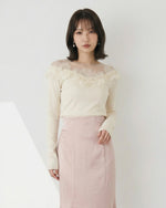 花びら立体モチーフ×チュール切替 スリムリブ 長袖Tシャツ